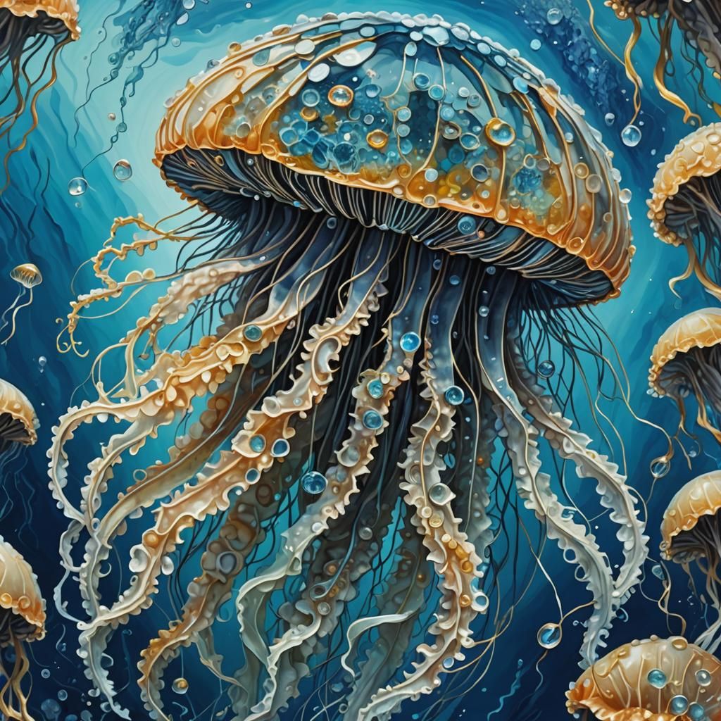Crystalline Jellyfish in Azure Sea: Impasto Illustration