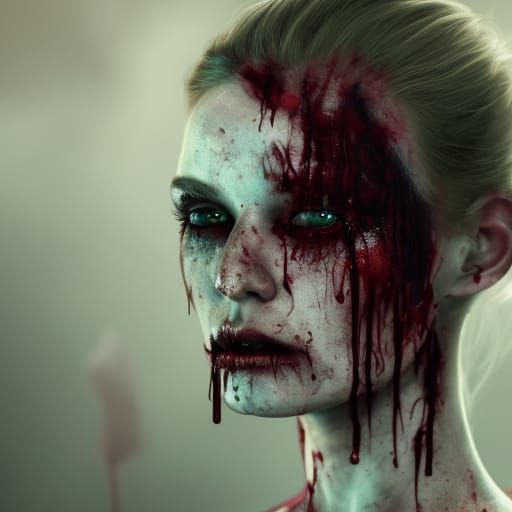 Bloodied Zombie Woman Portrait, Detailed Matte Painting