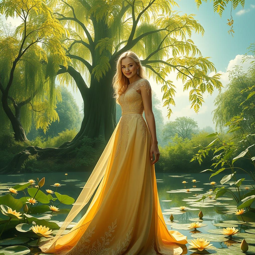 L'OR domine. une femme gracieuse et souriante blonde  dans u...