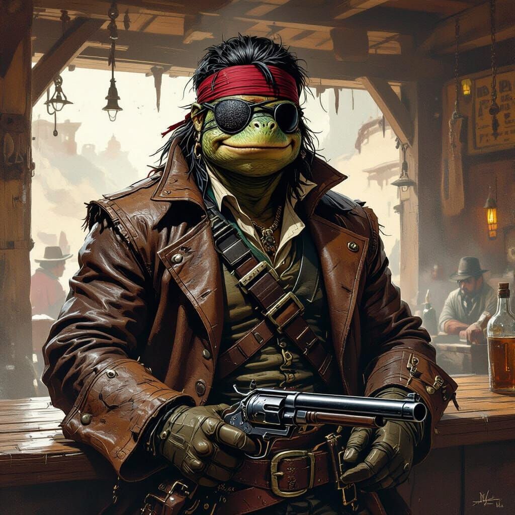 Pirate Tortle Gunslinger in Gritty Fantasy Art Style