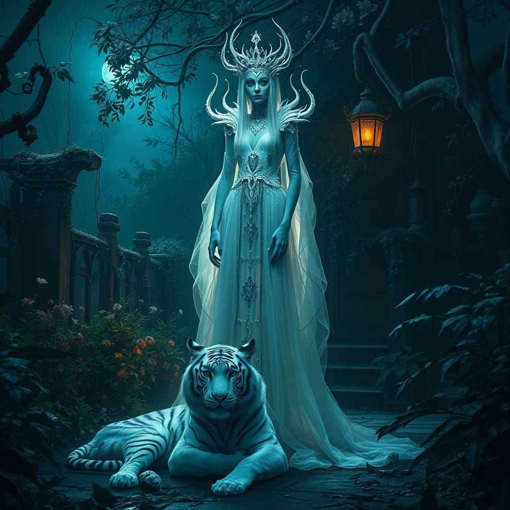 Spectral Queen in Forgotten Garden: Dark Fantasy Art