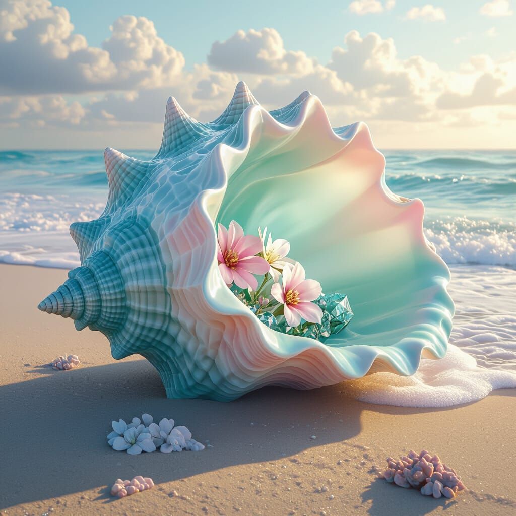 Crystal Conch Shell with Embedded Flowers