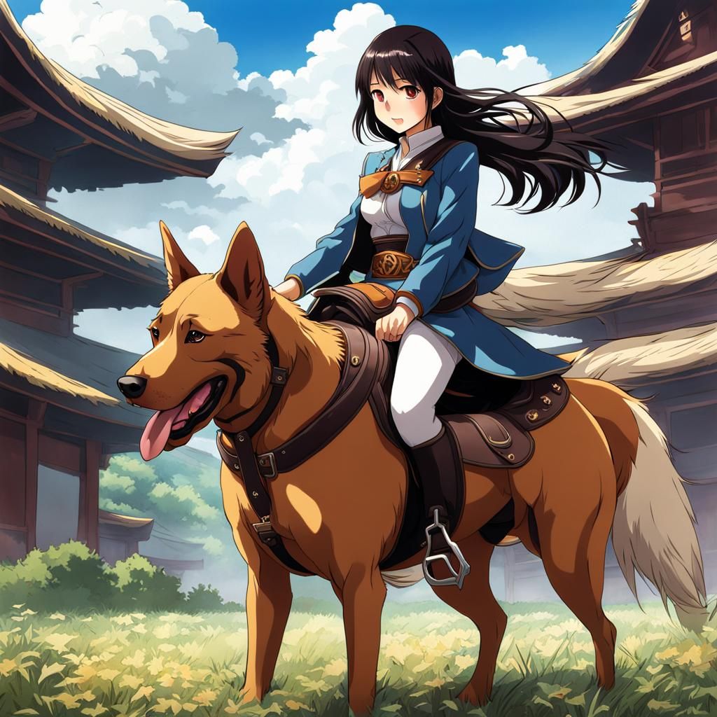 Asian Woman Rides Dog in Anime Style