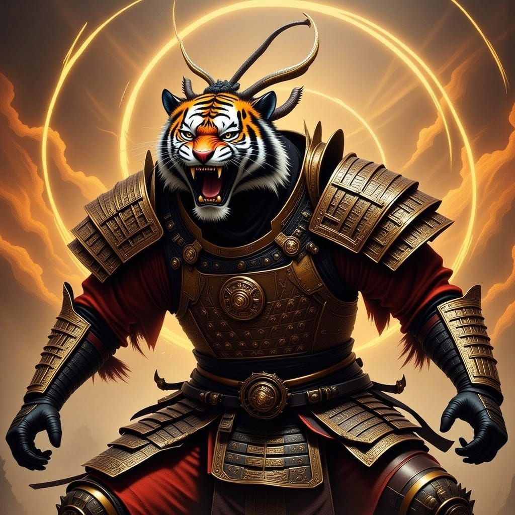 Samurai Tiger Roaring Battle Cry in Steampunk Style