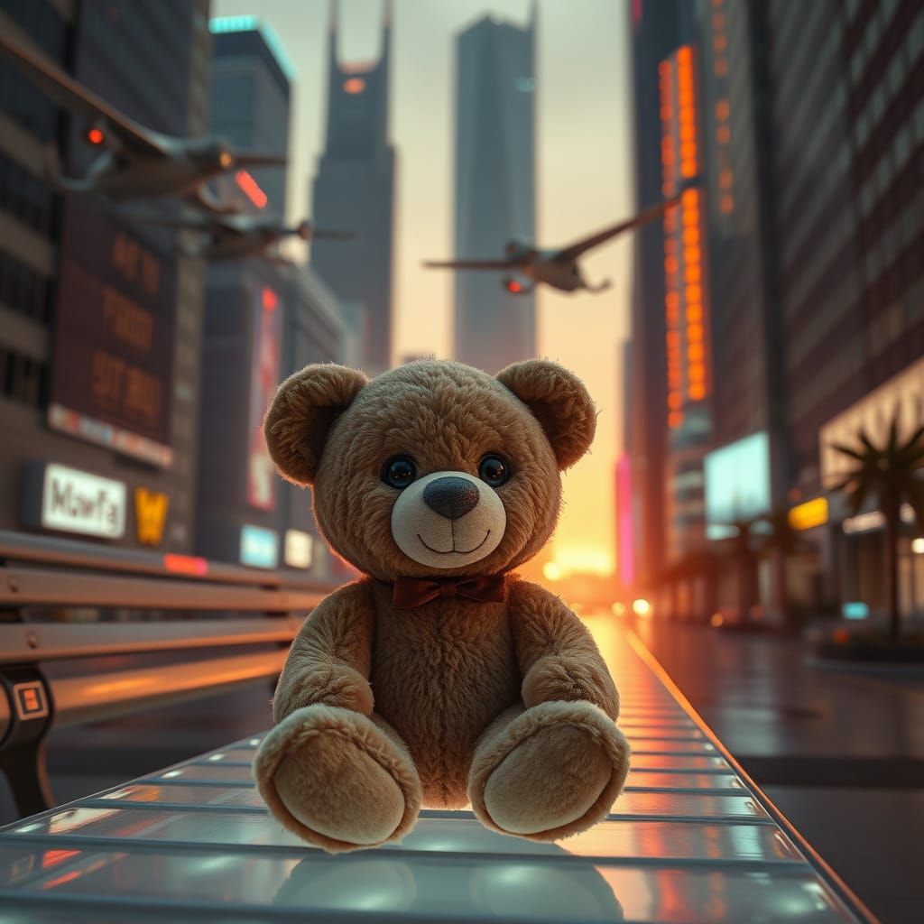 Teddy Bear on Holographic Bench in Futuristic City