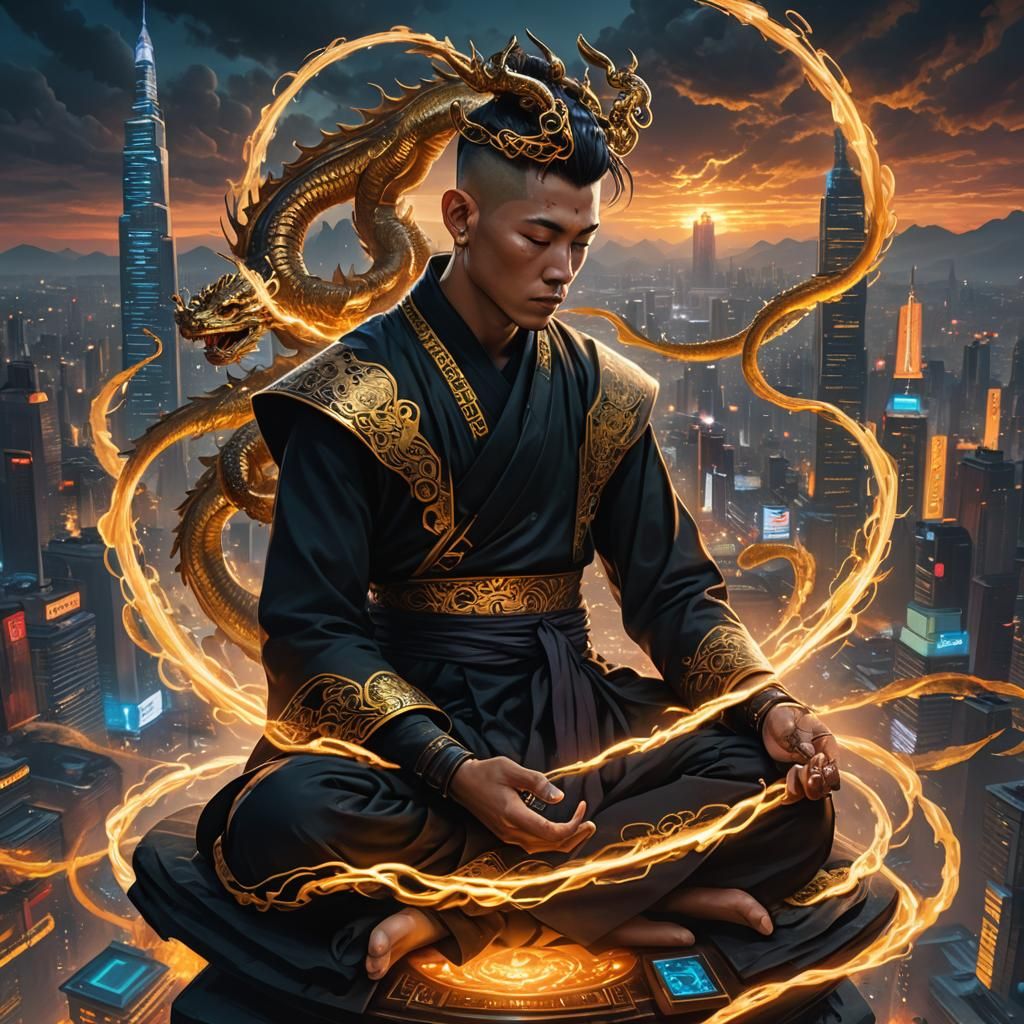 Cyberpunk Monk Meditating in Cityscape at Sunset