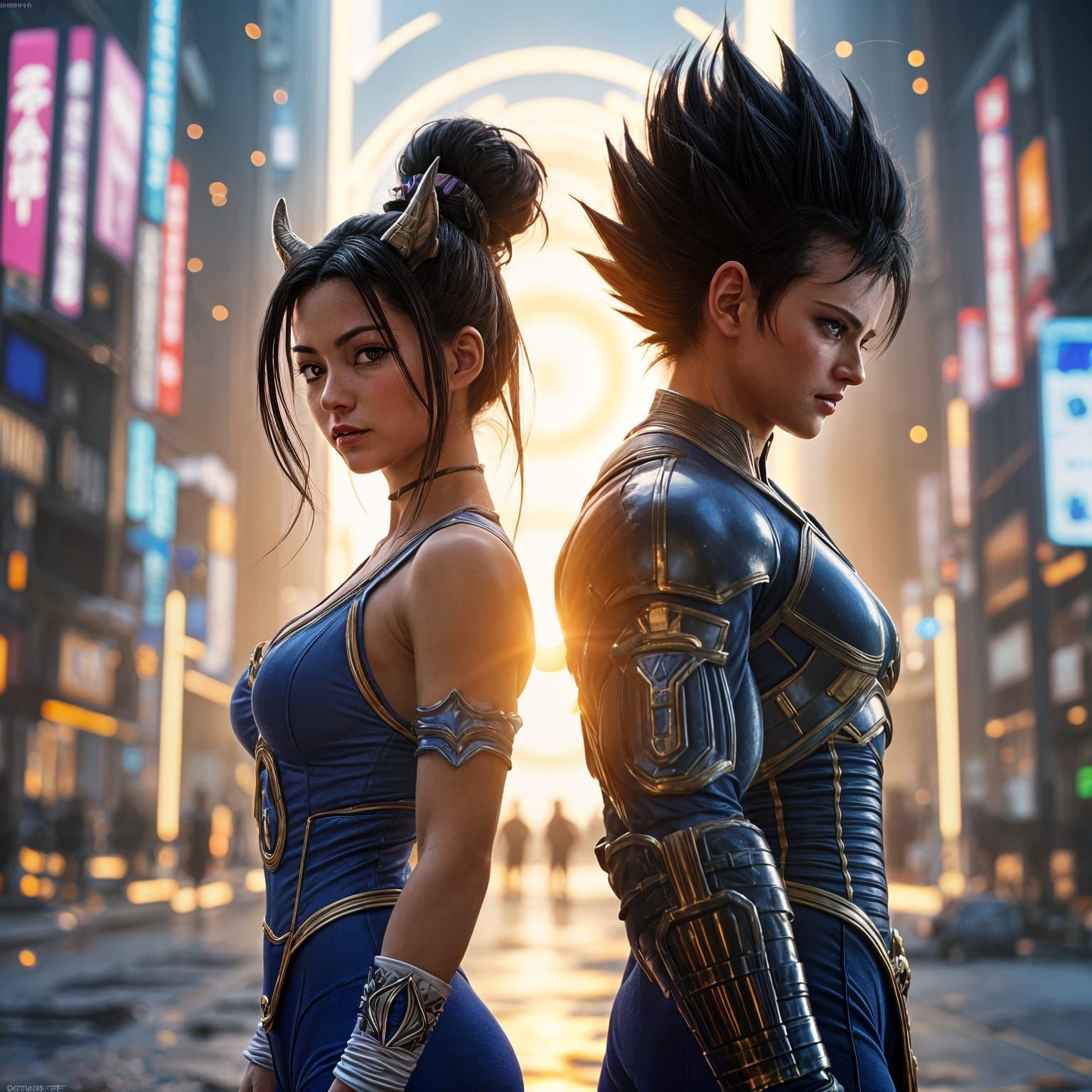 Iconic Fighters Unite in Neon Dystopian Cityscape