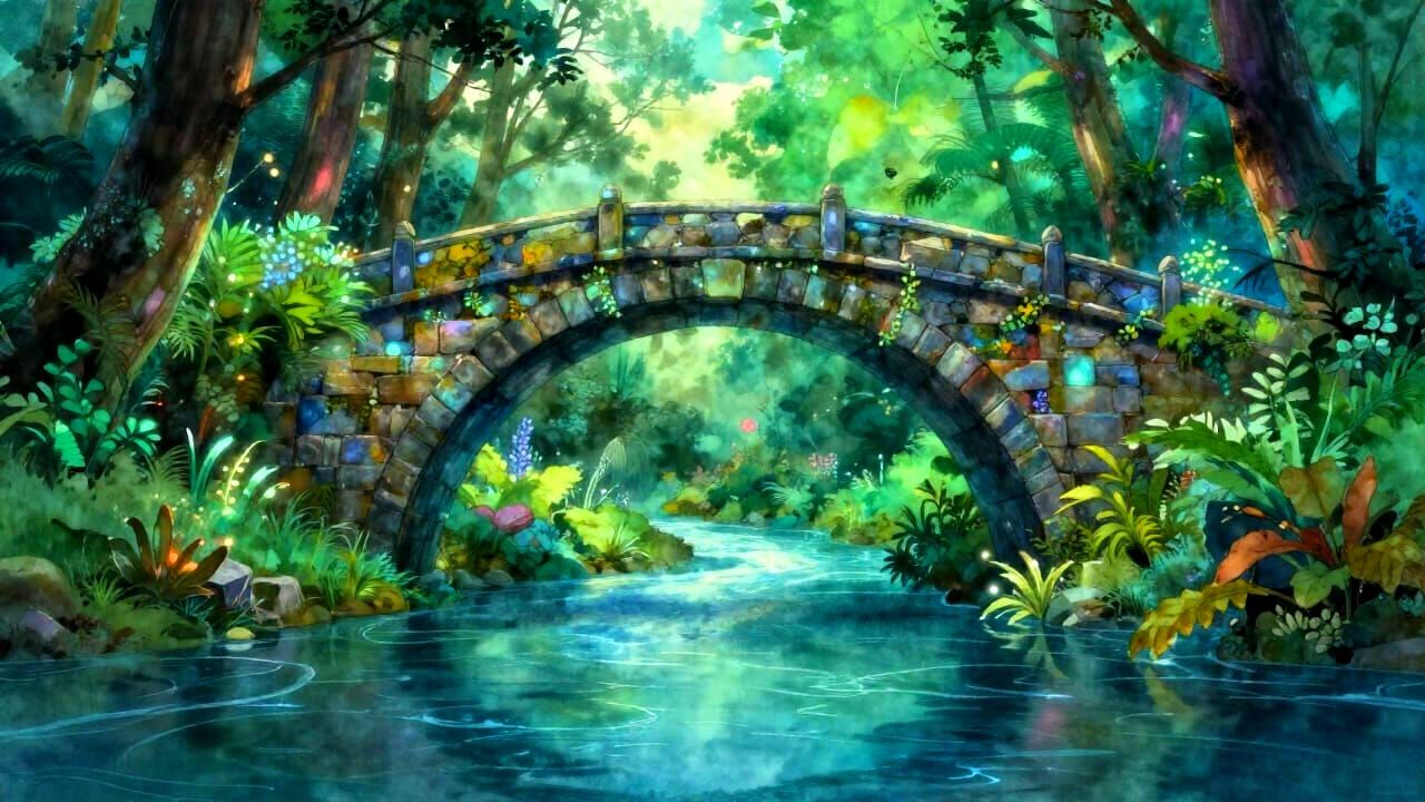 Ancient Stone Bridge Over Glowing River in Enchanted Forest