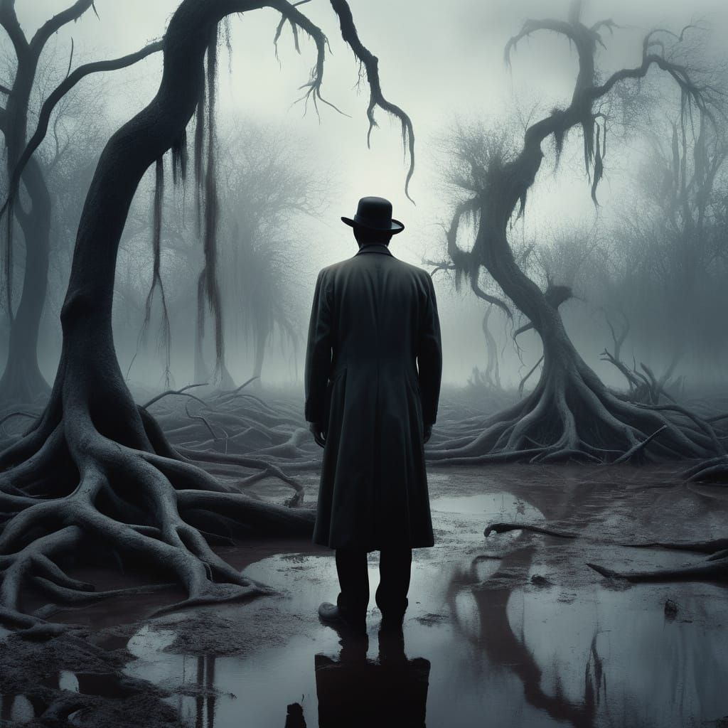 Eerie Dystopian Swamp: Surreal Oil Painting