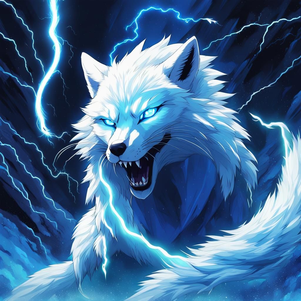 Anime Fox Confronts Titan Snake in Lightning Storm