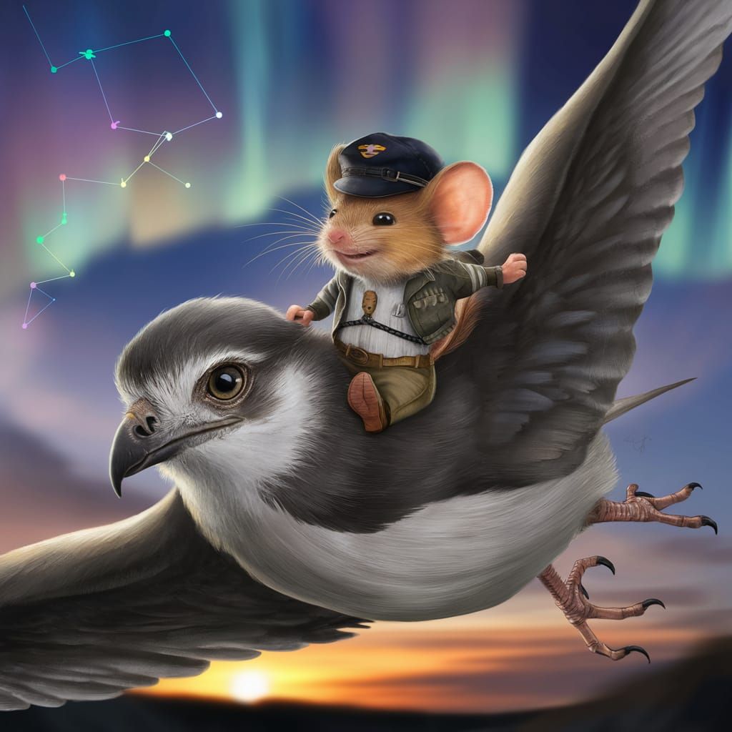 Mouse Pilot Rides Hawk Through Aurora Sky