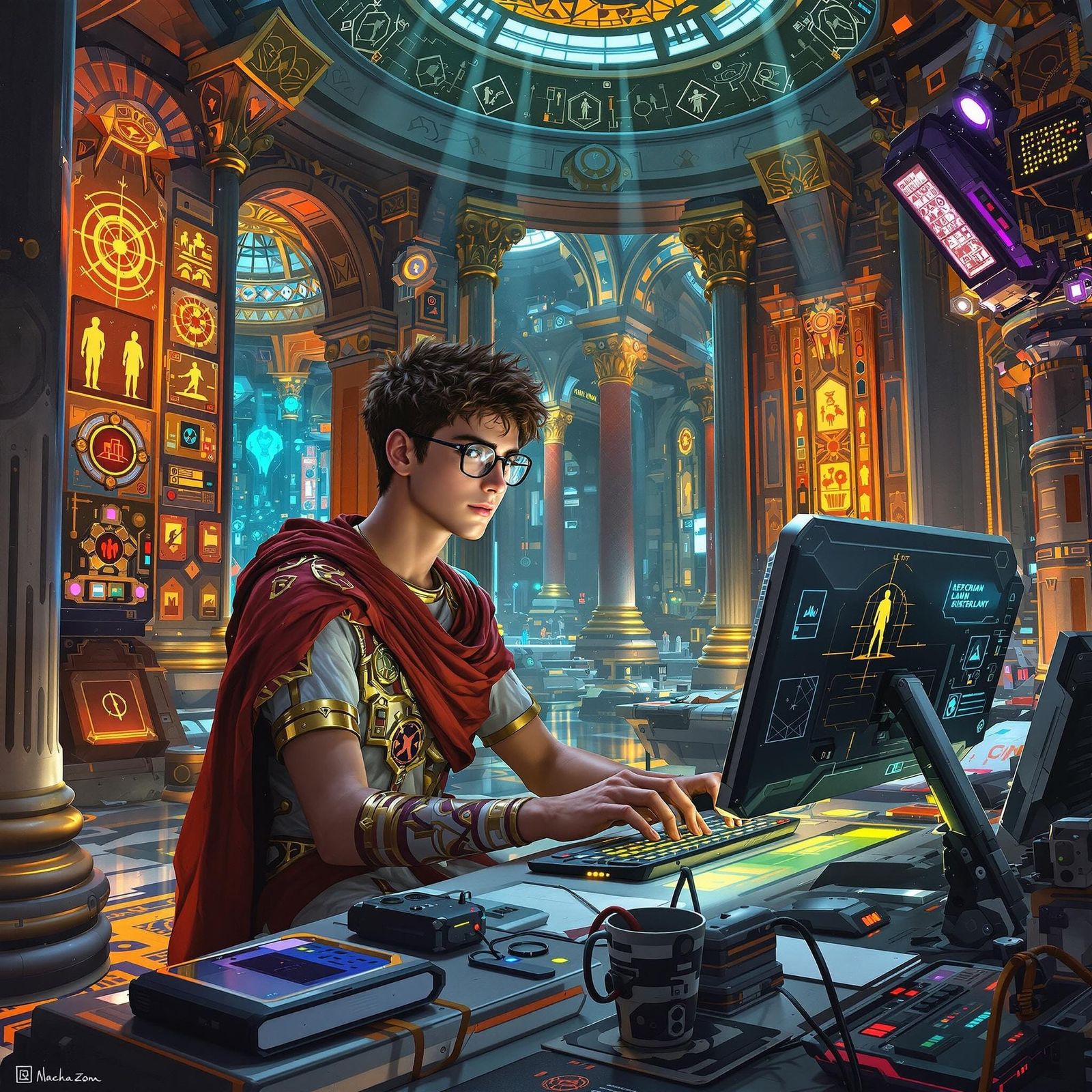 Roman Youth Uses Computer in Sci-Fi Setting