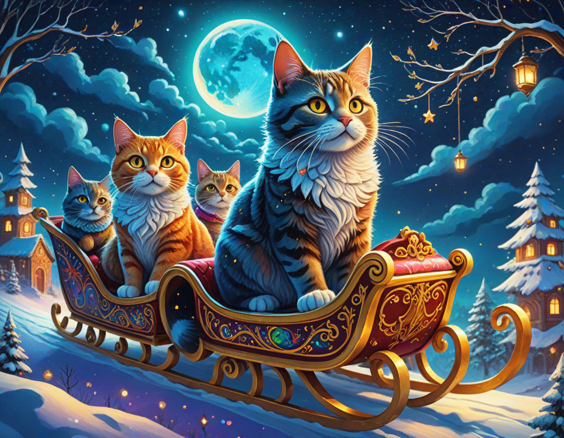 Whimsical Cats Drive Santa's Sleigh Through a Starry Winter...
