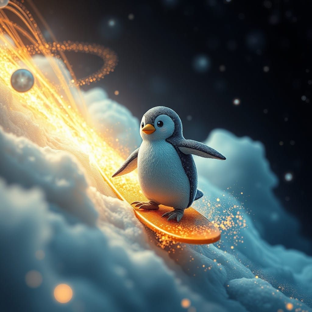 Kawaii Penguin Surfer Dazzles in Cosmic Whirlwind