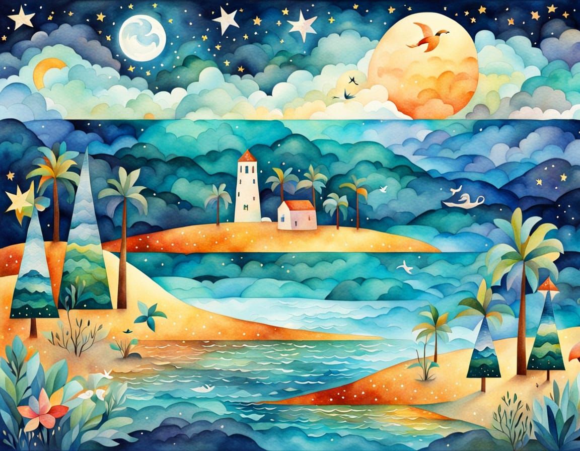 Surreal Beach and Forest Dreamscape in Aquarelle Style