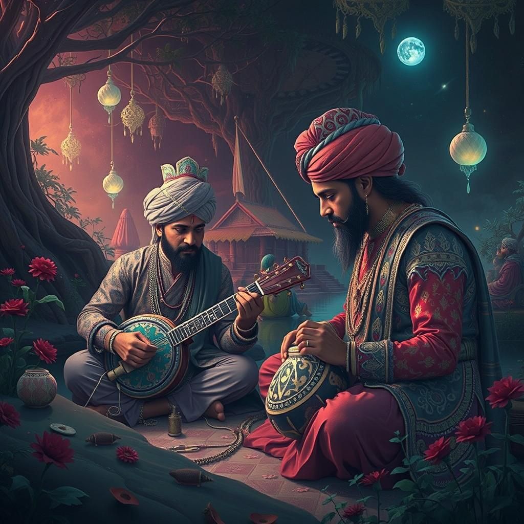 Indian Musicians at Lakeside Temple: Fantasy Concept Art