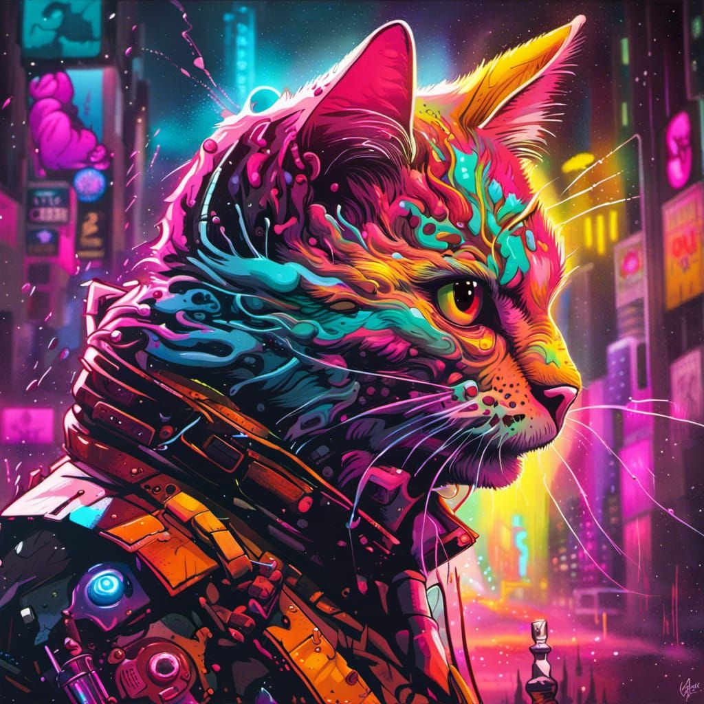Cyberpunk Cat in Neon City Rain: Graffiti Art