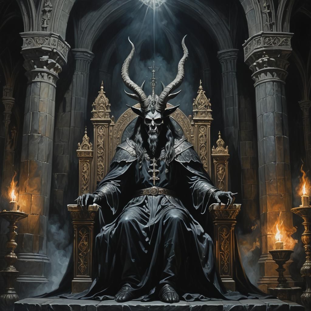 Crowned Baphomet in Gothic Cathedral Oil Painting