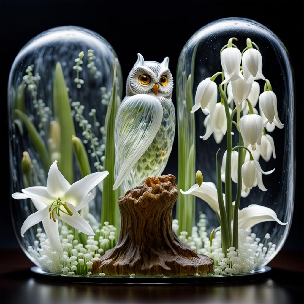 Glass Owl Sculpture with Lilies of the Valley