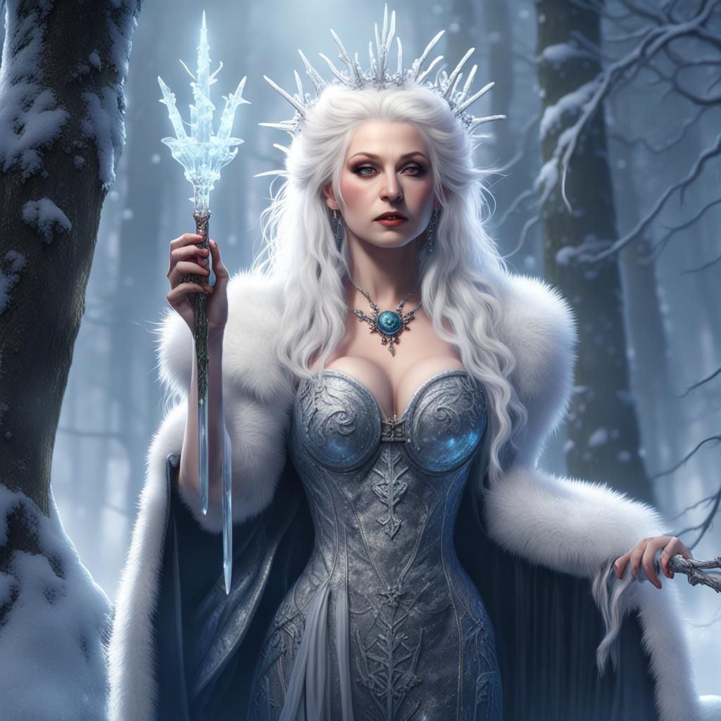 Fantasy Sorceress with Icicle Tiara in Winter Forest