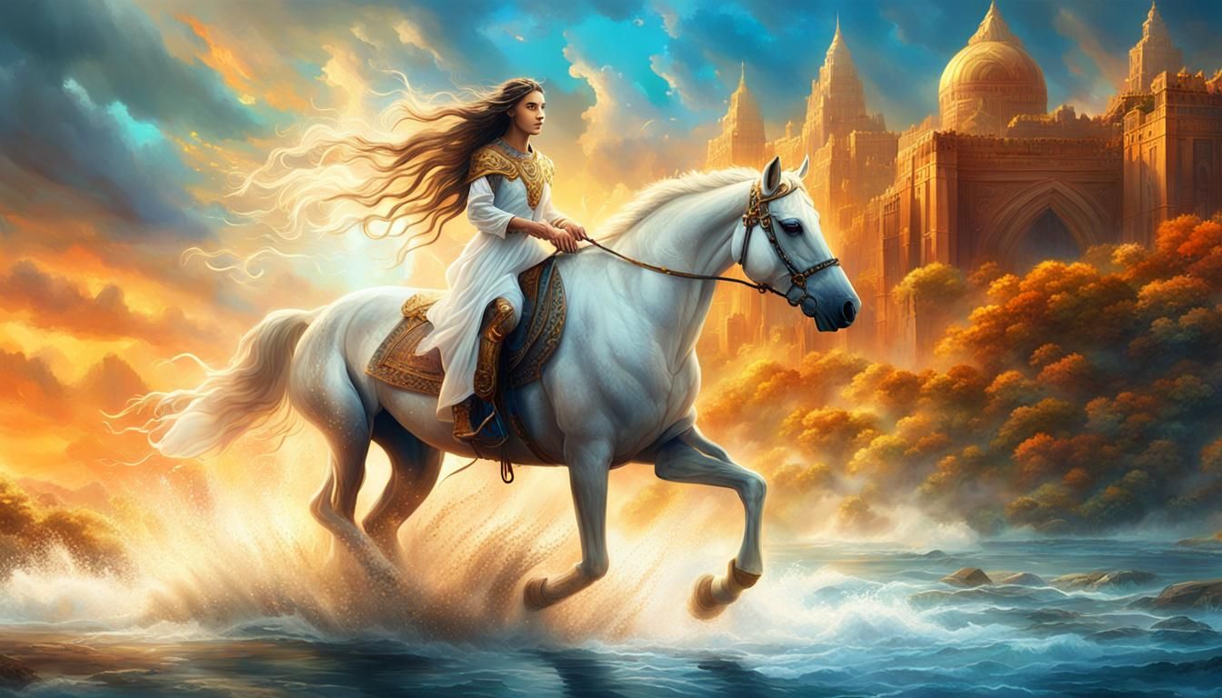 Girl Rides Horse Through Babylon in Dreamy Landscape