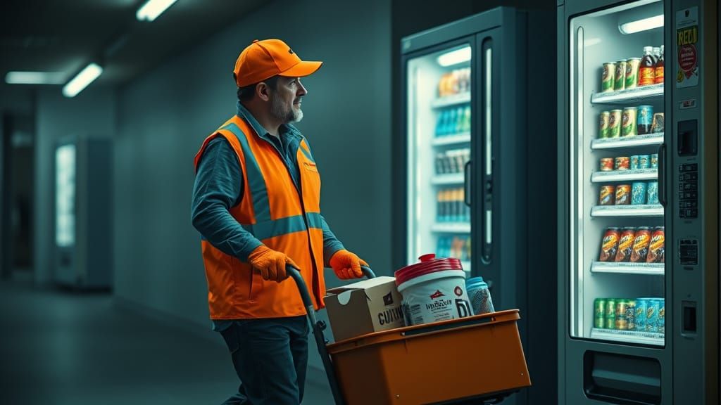 Hyperrealistic Delivery Man Refilling Vending Machine