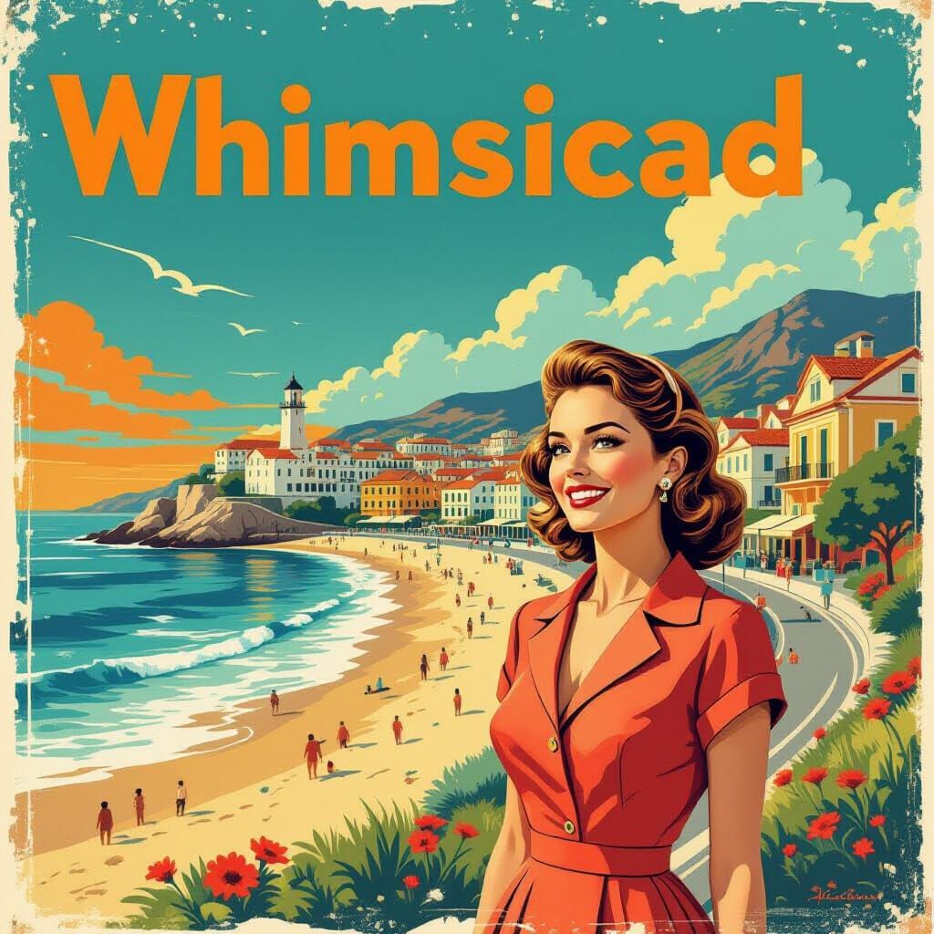 Whimsical Seaside Town in Mid-Century Poster Style
