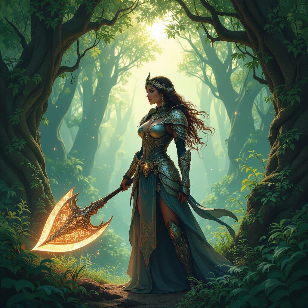 Warrior Woman with Glowing Axe in Enchanted Forest