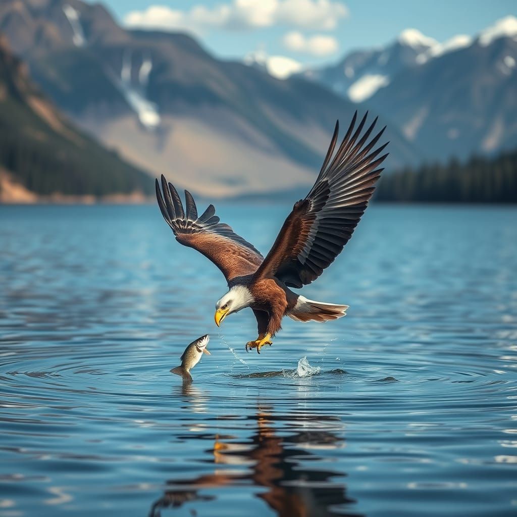 Majestic Eagle Reaches for Fish in a Mountain Lake