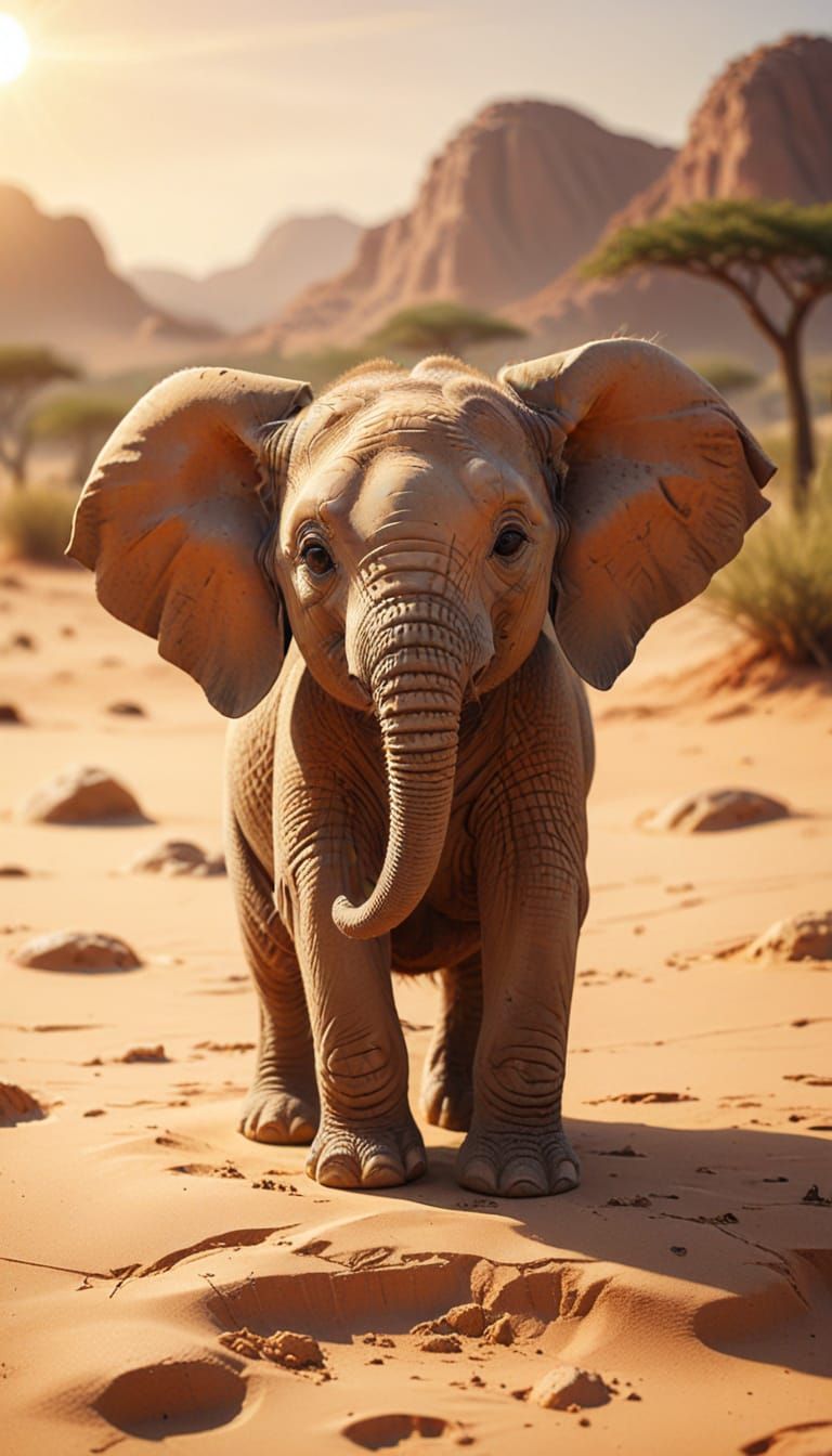 Cute Baby Elephant on African Sand in Vibrant Digital Art
