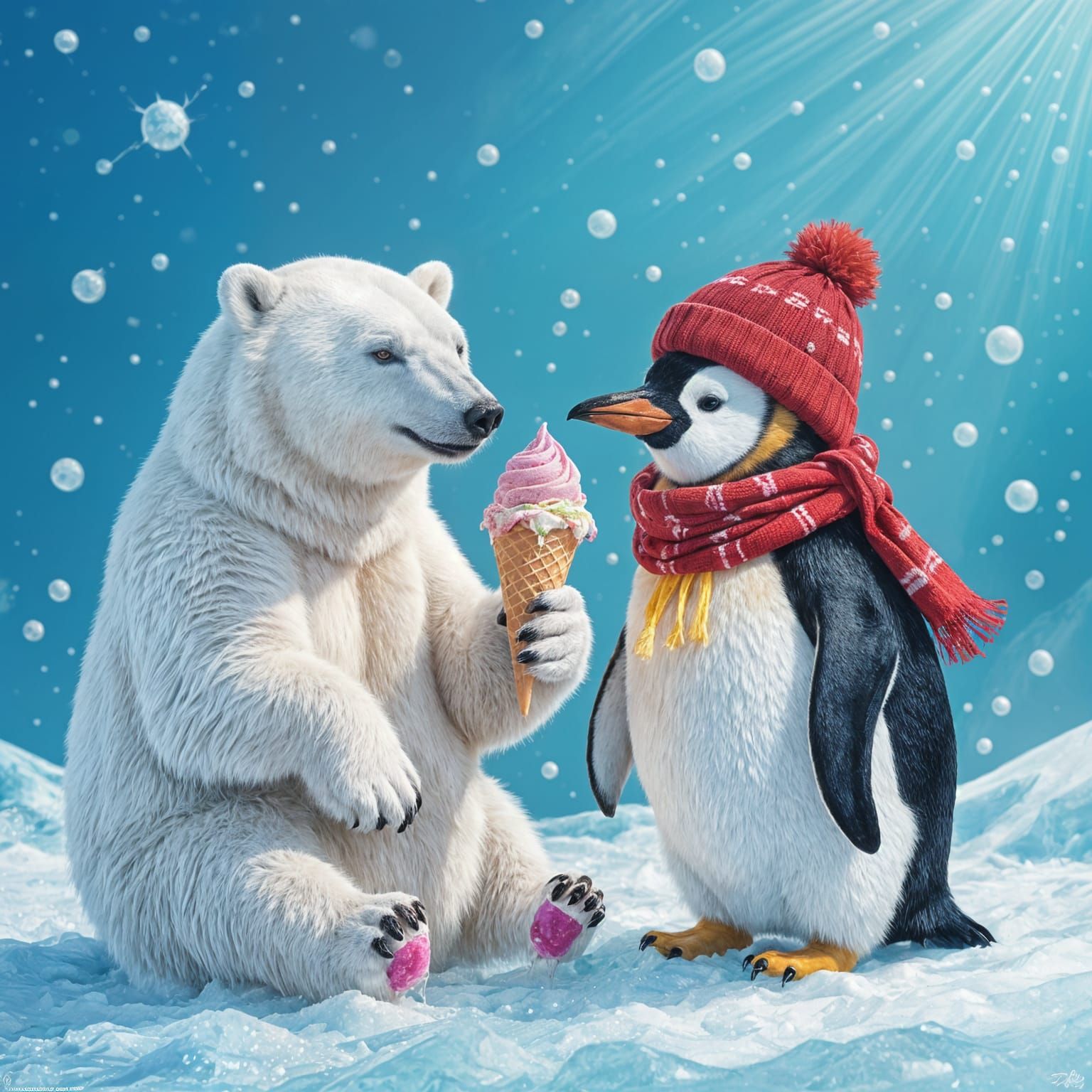 Polar Bear Treats Penguin to Ice Cream