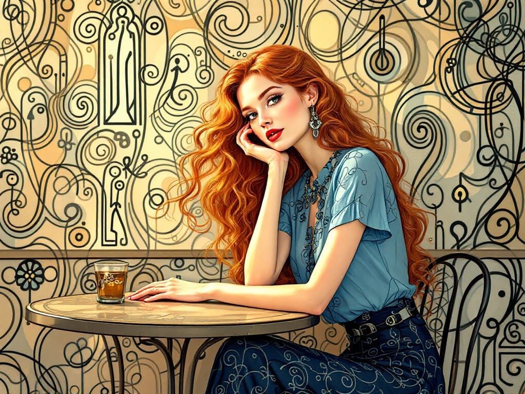 Elegant Cafe Scene in Art Nouveau Street Art Style