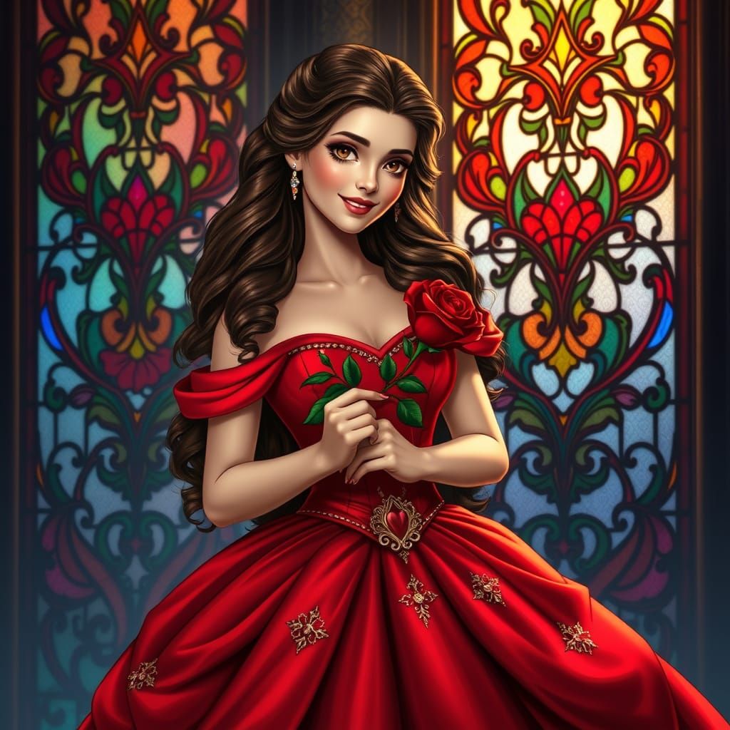 Elegant Princess in Red Gown with Stained Glass Background