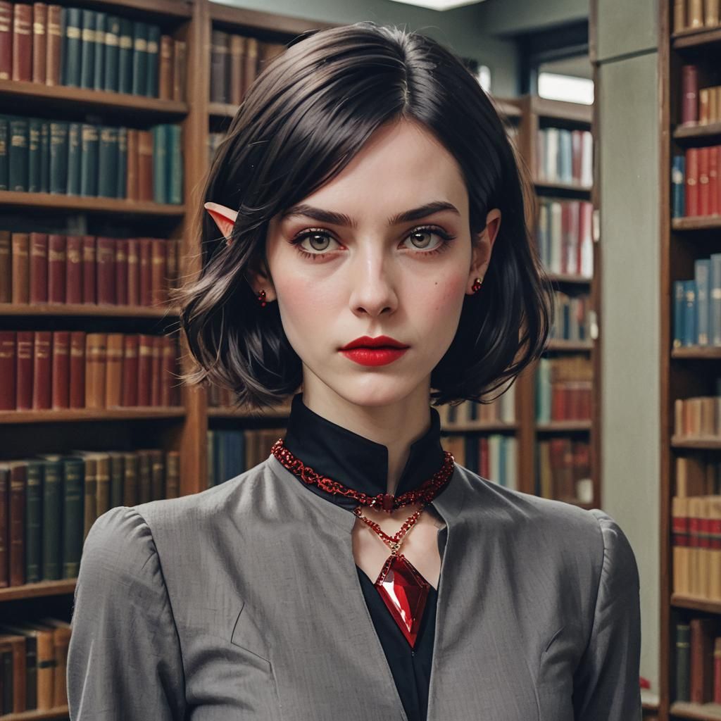 Striking Portrait of an Elven Woman with Ruby Necklace