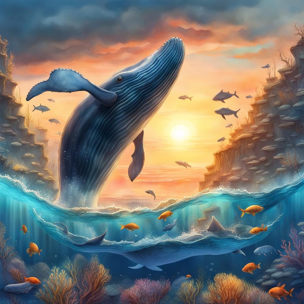 Watercolor Whale Swimming Under Ocean at Sunrise
