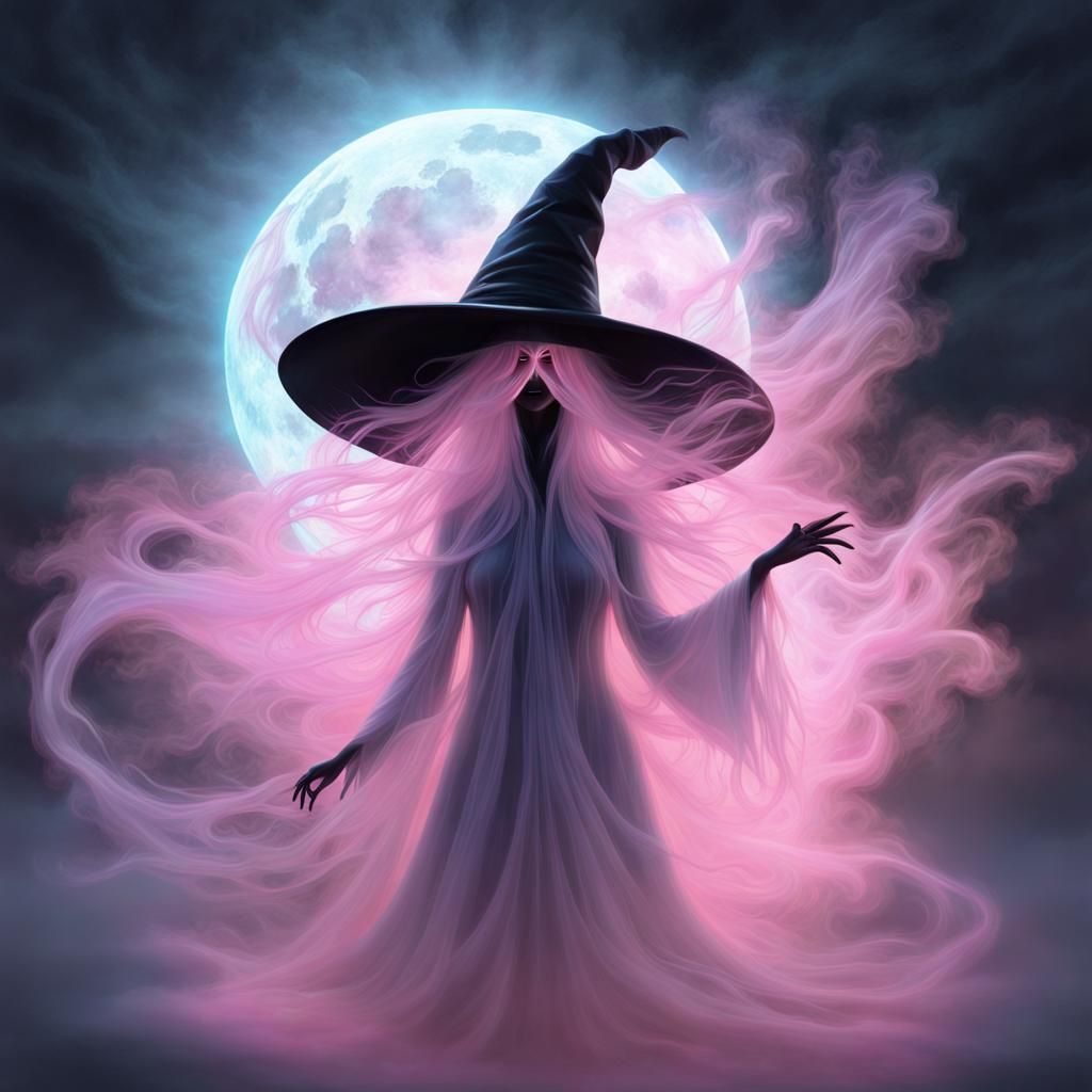 Ethereal Witch Ghost with Bioluminescent Moon