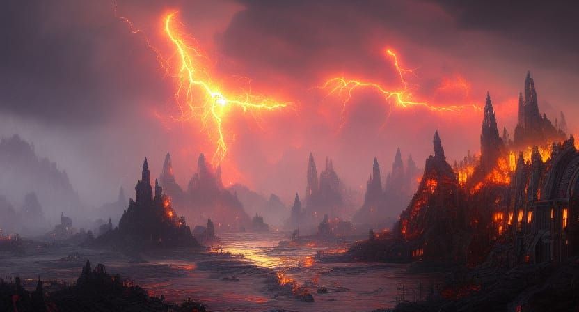 Hellfire Rains Over the Bay: Detailed Matte Painting
