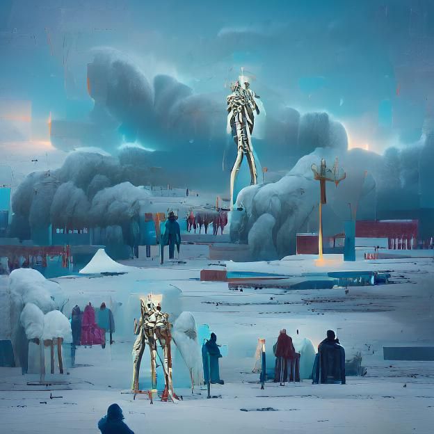Cosmic God Skeleton in Retro-Futuristic Landscape