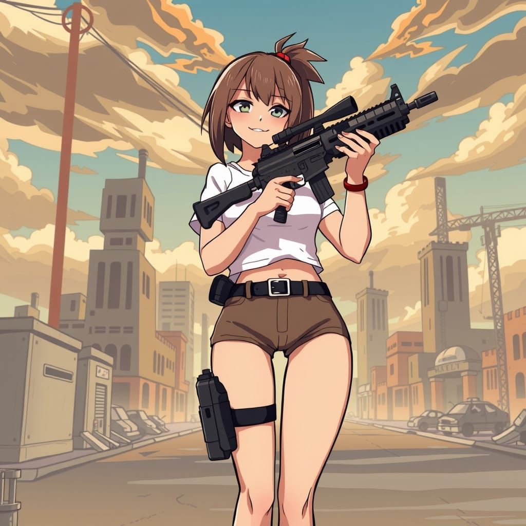Anime-Style Woman Fights in Abandoned City with Machine Gun