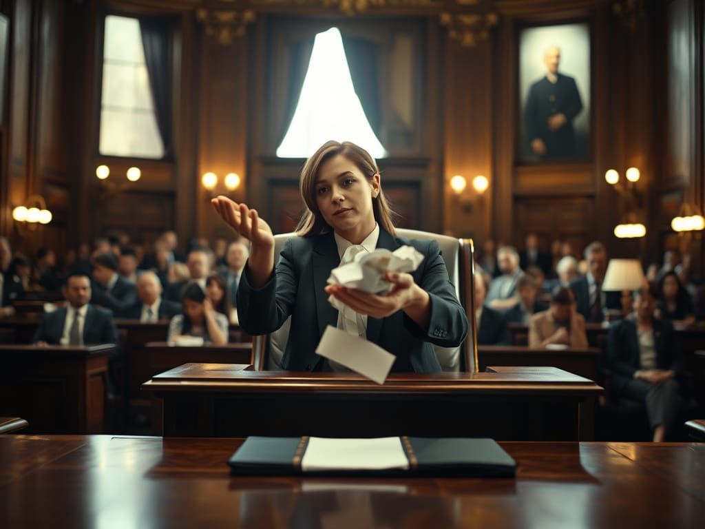 Confident Female Lawyer in a Bustling Courtroom