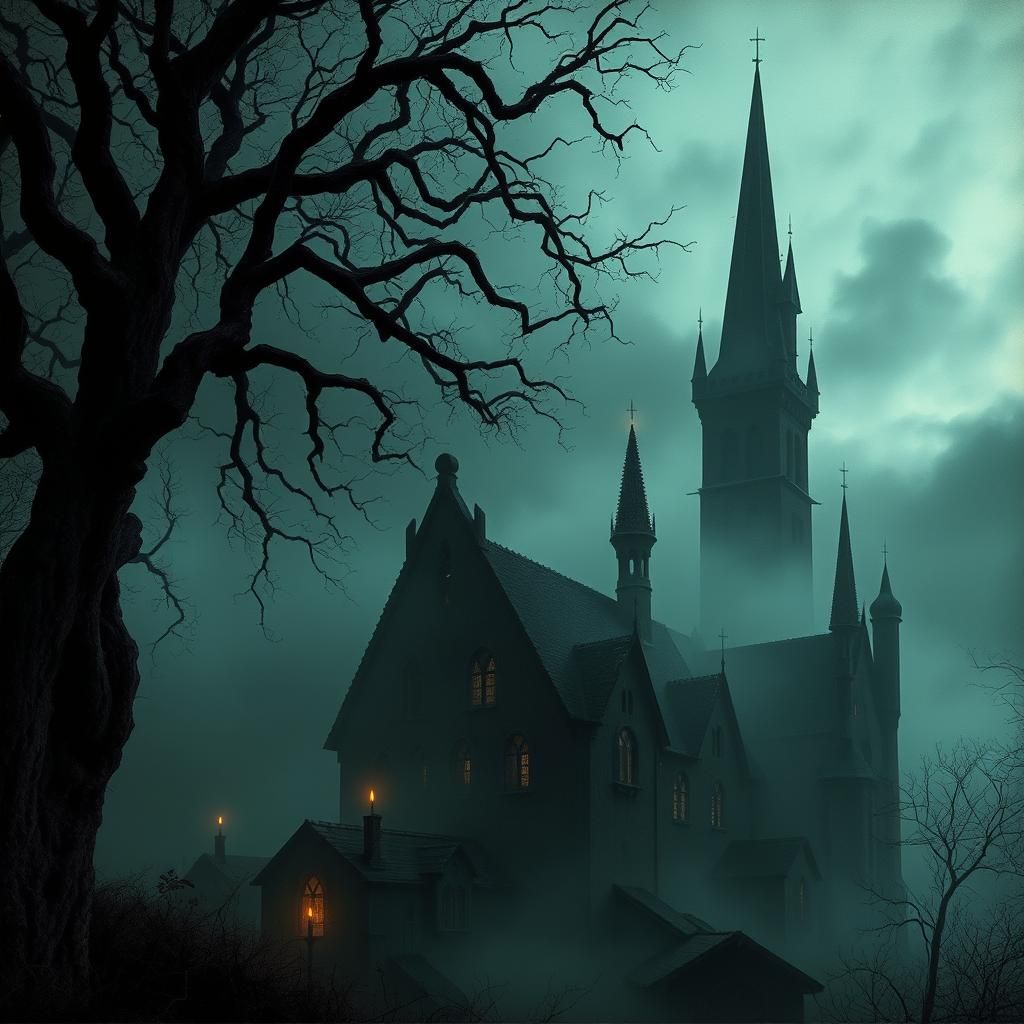 Eerie Gothic Village at Dusk in Atmospheric Style