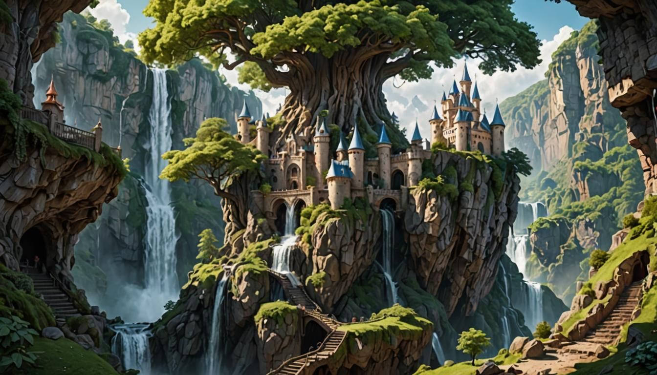 Enchanted Waterfall Tree Castle Landscape