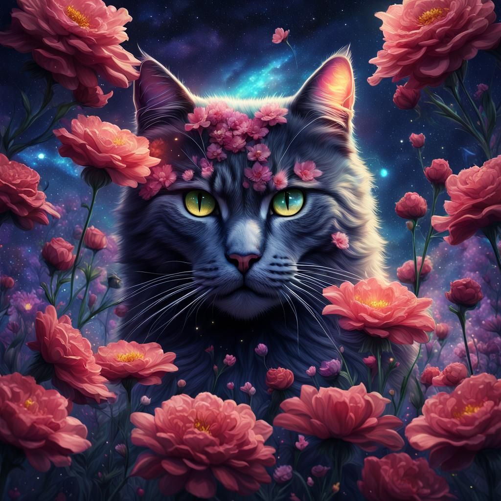 Cat Among Galactic Flowers: Fantasy Concept Art