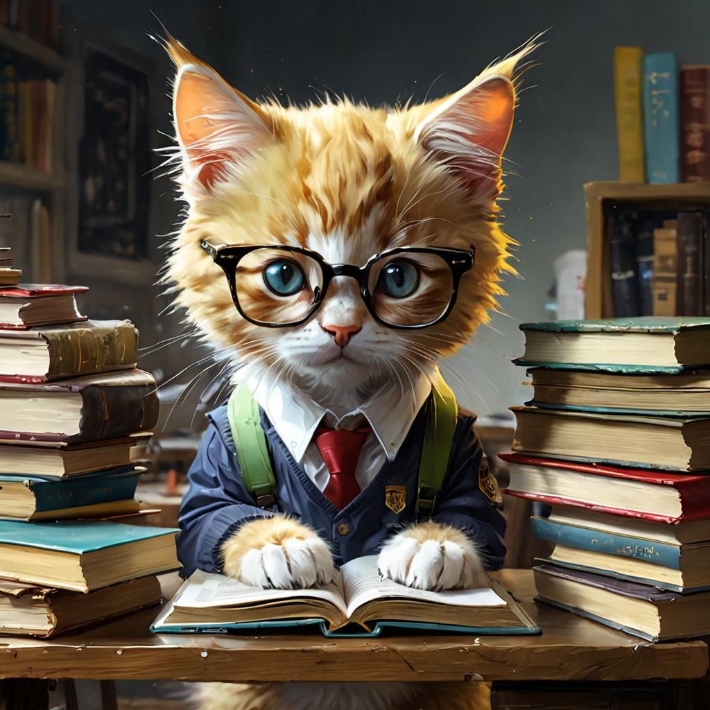 Anthropomorphic Kitten Student in Fine Art Style