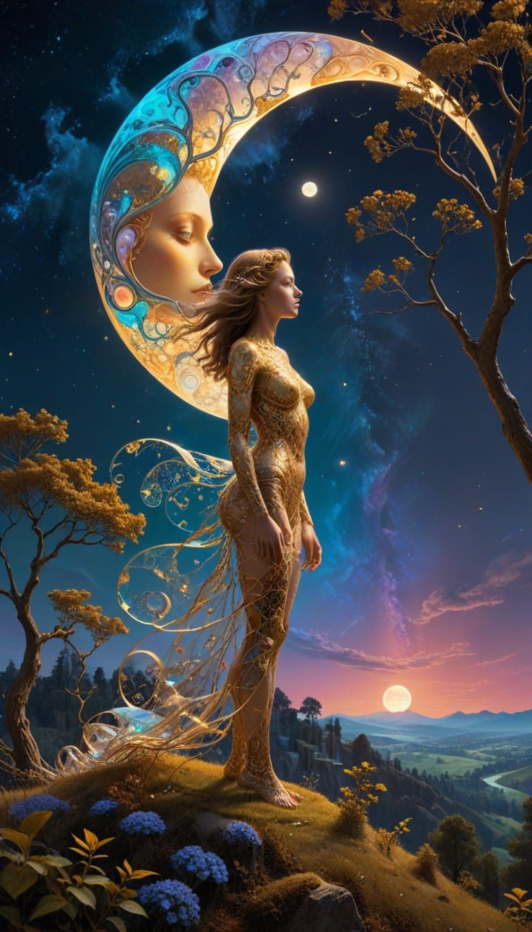 Luminescent Figure Under a Surreal Moonlit Sky