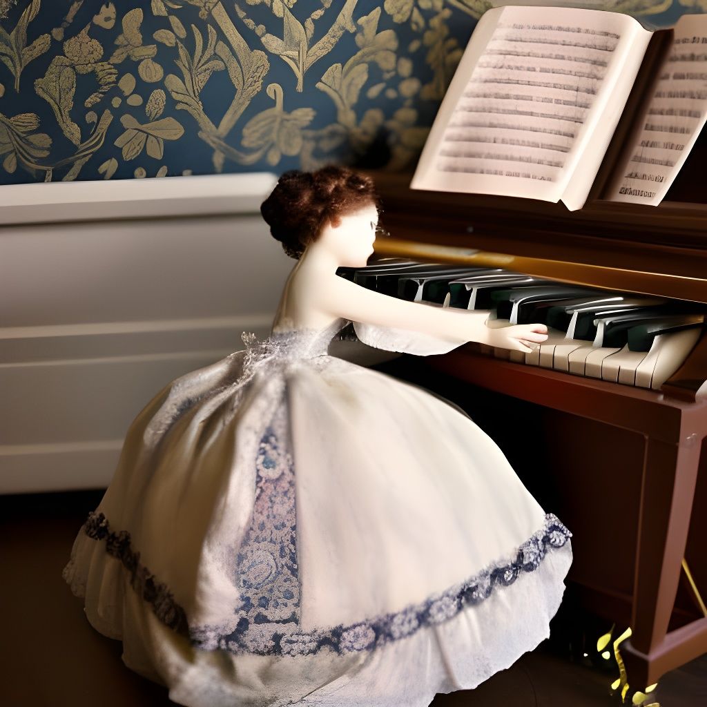 Victorian Porcelain Doll at Piano, Botanical Art