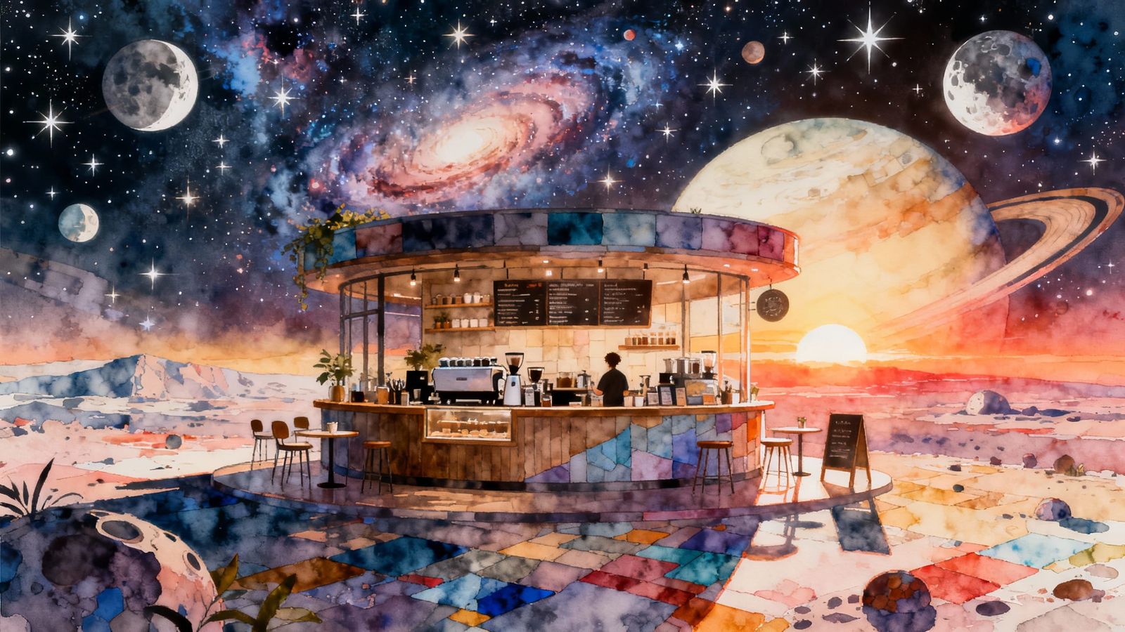 Cosmic Coffee Shop Sunrise in Watercolour Patchwork Style