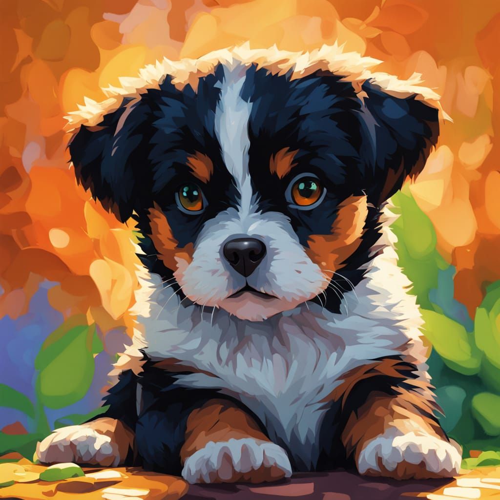 Playful Puppy in Sun-Dappled Garden: Neo-Impressionist Oil P...