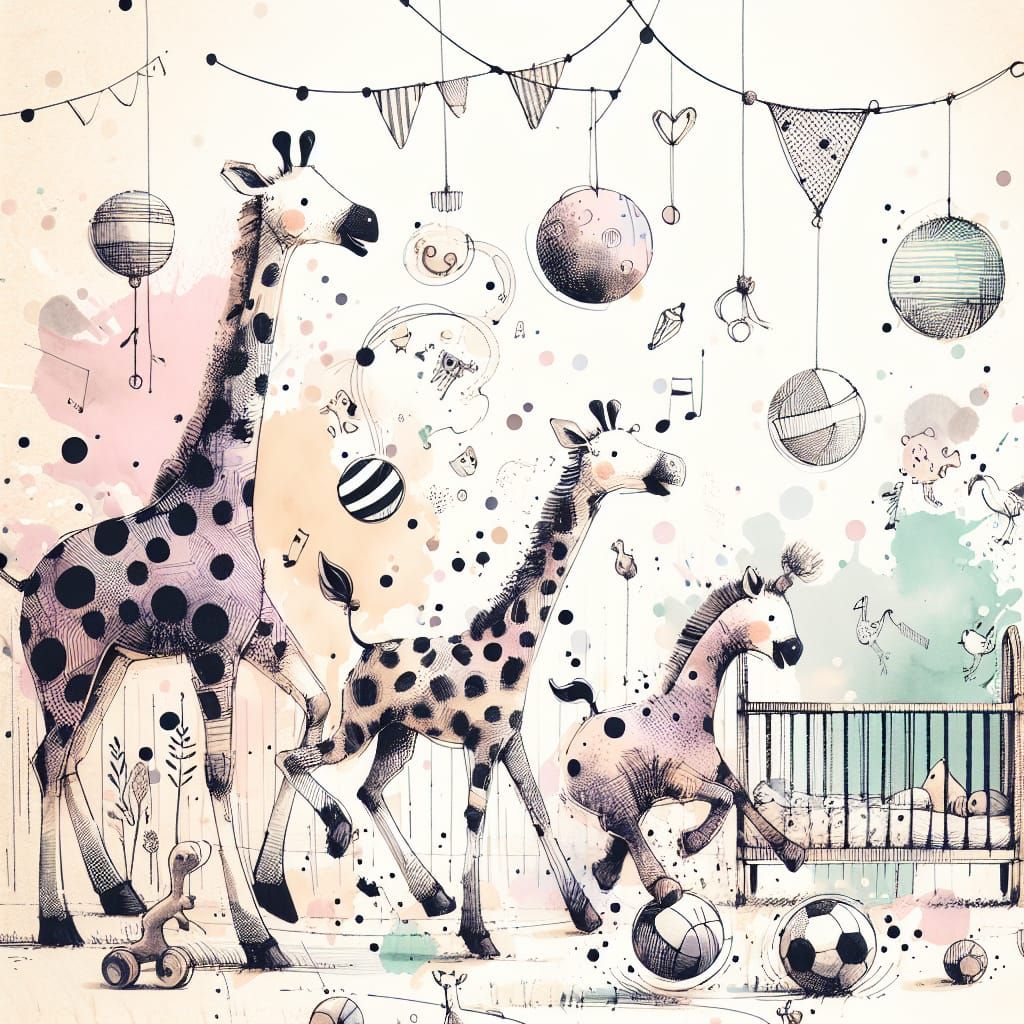 Giraffes Play Ball: Pen, Ink, and Watercolor Art