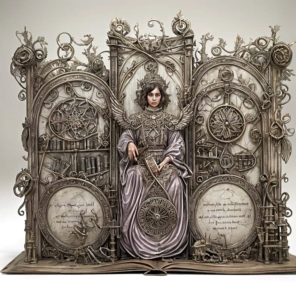 a celestial librarian with iridescent wings